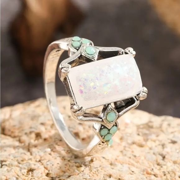 Rectangle White Opal Antique Silver Rings - Picture 7 of 12